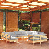  11 Piece Garden Lounge Set with Grey Cushions Solid Pinewood