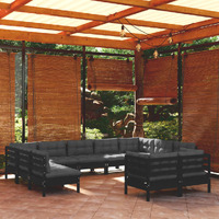  11 Piece Garden Lounge Set with Cushions Black Solid Pinewood