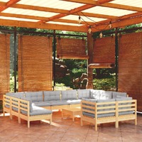  12 Piece Garden Lounge Set with Grey Cushions Solid Pinewood