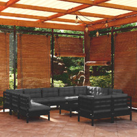  12 Piece Garden Lounge Set with Cushions Black Solid Pinewood