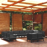  12 Piece Garden Lounge Set with Cushions Black Solid Pinewood