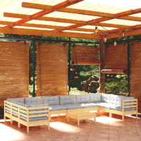  11 Piece Garden Lounge Set with Grey Cushions Pinewood