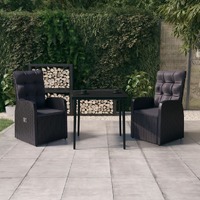  3 Piece Garden Dining Set with Cushions Black
