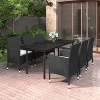  7 Piece Garden Dining Set with Cushions Poly Rattan and Glass