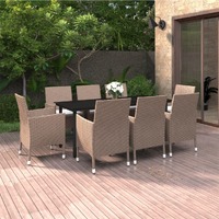  9 Piece Garden Dining Set with Cushions Poly Rattan and Glass