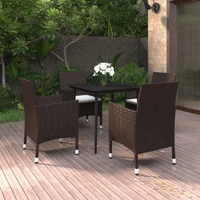  5 Piece Garden Dining Set with Cushions Poly Rattan and Glass