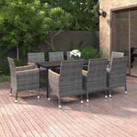  9 Piece Garden Dining Set with Cushions Poly Rattan and Glass
