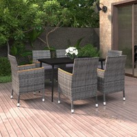  7 Piece Garden Dining Set with Cushions Poly Rattan and Glass
