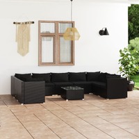  10 Piece Garden Lounge Set with Cushions Poly Rattan Black
