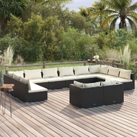  12 Piece Garden Lounge Set with Cushions Black Poly Rattan
