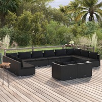  12 Piece Garden Lounge Set with Cushions Black Poly Rattan
