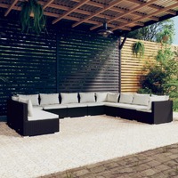  10 Piece Garden Lounge Set with Cushions Black Poly Rattan