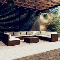  11 Piece Garden Lounge Set with Cushions Brown Poly Rattan