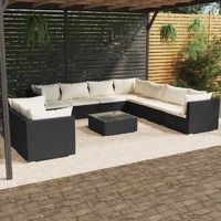  10 Piece Garden Lounge Set with Cushions Black Poly Rattan