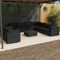  10 Piece Garden Lounge Set with Cushions Black Poly Rattan