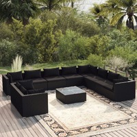 11 Piece Garden Lounge Set with Cushions Black Poly Rattan