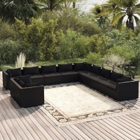  11 Piece Garden Lounge Set with Cushions Black Poly Rattan