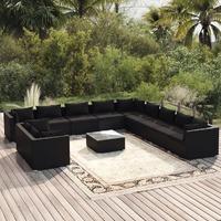  12 Piece Garden Lounge Set with Cushions Black Poly Rattan