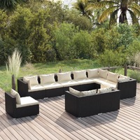  10 Piece Garden Lounge Set with Cushions Poly Rattan Black