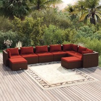  9 Piece Garden Lounge Set with Cushions Poly Rattan Brown