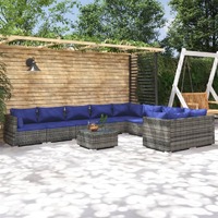  10 Piece Garden Lounge Set with Cushions Poly Rattan Grey