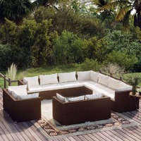  11 Piece Garden Lounge Set with Cushions Brown Poly Rattan