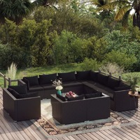  12 Piece Garden Lounge Set with Cushions Black Poly Rattan