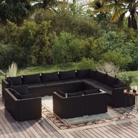  12 Piece Garden Lounge Set with Cushions Black Poly Rattan