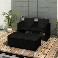  3 Piece Garden Lounge Set with Cushions Poly Rattan Black