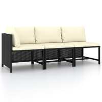  3 Piece Garden Sofa Set with Cushions Black Poly Rattan