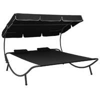  Outdoor Lounge Bed with Canopy and Pillows Black