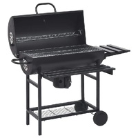  Barrel Grill with Wheels and Shelves Black Steel 115x85x95 cm