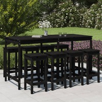  9 Piece Garden Bar Set Black Solid Wood Pine