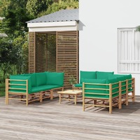  9 Piece Garden Lounge Set with Green Cushions  Bamboo