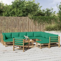  12 Piece Garden Lounge Set with Green Cushions  Bamboo