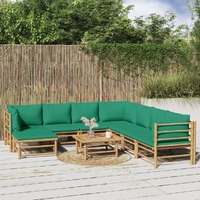  9 Piece Garden Lounge Set with Green Cushions  Bamboo