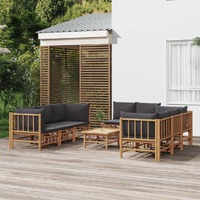  9 Piece Garden Lounge Set with Dark Grey Cushions  Bamboo