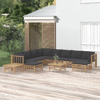  12 Piece Garden Lounge Set with Dark Grey Cushions  Bamboo