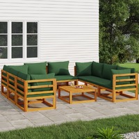  9 Piece Garden Lounge Set with Green Cushions Solid Wood