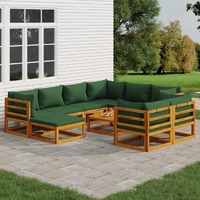  10 Piece Garden Lounge Set with Green Cushions Solid Wood