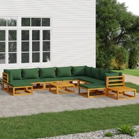  12 Piece Garden Lounge Set with Green Cushions Solid Wood