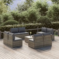  9 Piece Garden Lounge Set with Cushions Grey Poly Rattan