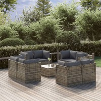  9 Piece Garden Lounge Set with Cushions Grey Poly Rattan