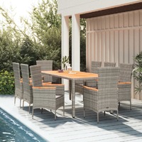  9 Piece Garden Dining Set with Cushions Grey Poly Rattan