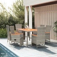  7 Piece Garden Dining Set with Cushions Grey Poly Rattan