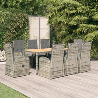 9 Piece Garden Dining Set with Cushions Grey Poly Rattan