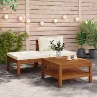  3 Piece Garden Lounge Set with Cream White Cushions Acacia Wood