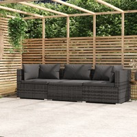  3-Seater Sofa with Cushions Grey Poly Rattan