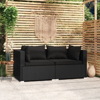 2-Seater Sofa with Cushions Black Poly Rattan