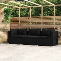  3-Seater Sofa with Cushions Black Poly Rattan